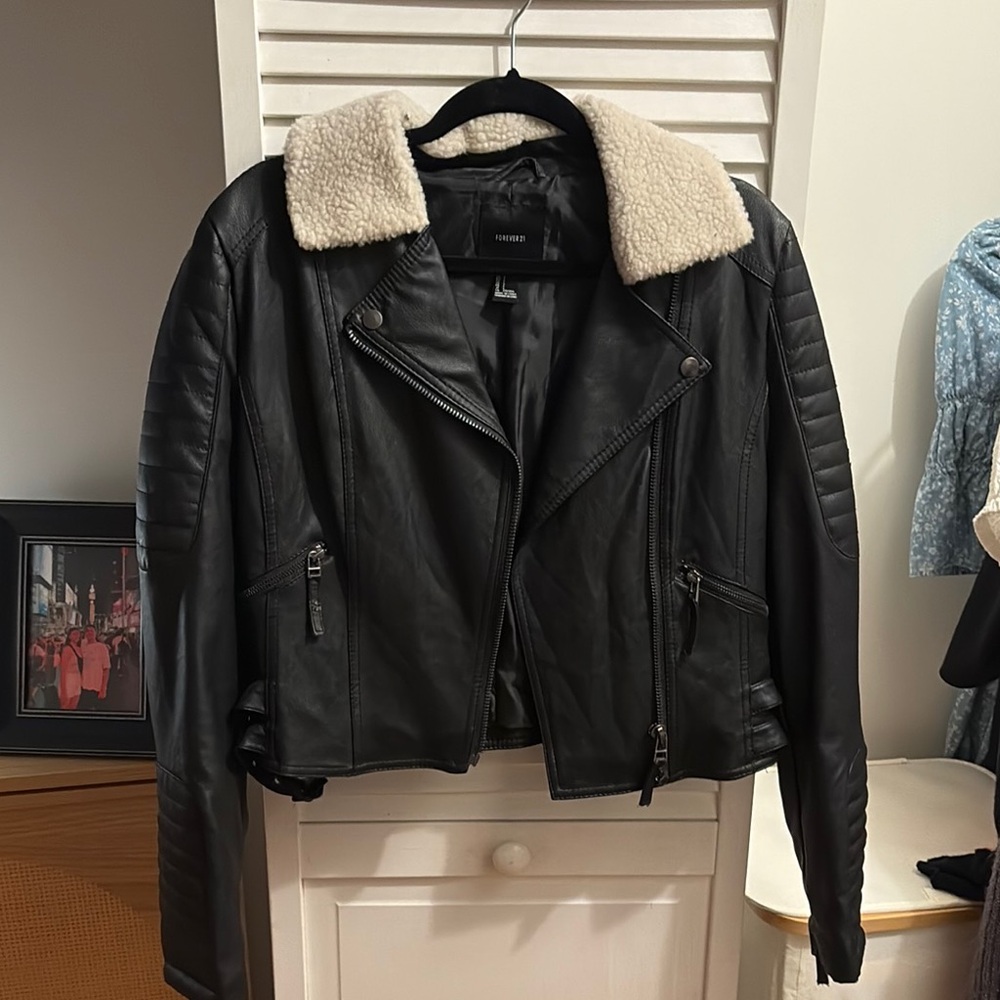 Forever 21 Black and Cream Leather Moto Jacket